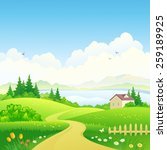 Vector illustration of a beautiful green hilly scenery with a pathway and a small house in the woods