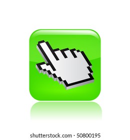 Vector illustration of a beautiful green icon isolated in a modern style with a reflection effect depicting a pixel hand pointer symbol