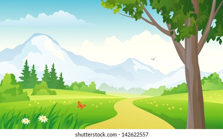 Vector illustration of a beautiful green landscape with a road to mountains