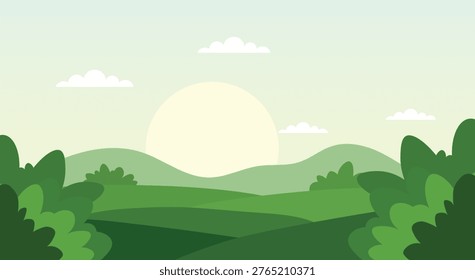 Vector illustration of a beautiful green landscape with rolling hills and sun
