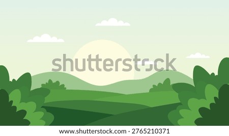 Vector illustration of a beautiful green landscape with rolling hills and sun