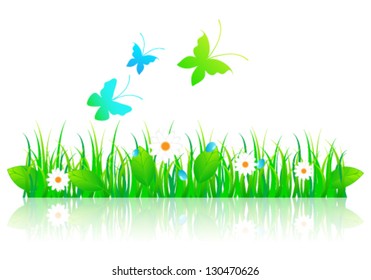 Vector illustration of beautiful green spring grass with leaves, daisies, and butterflies