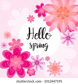 Vector illustration of beautiful greeting card Hello Spring letter decorating with leaf and flower in pink colors.