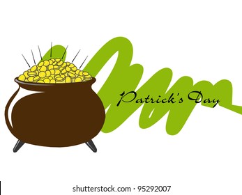 Vector illustration of a beautiful greeting card with pot and gold coins and text for St. Patrick's Day