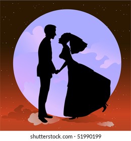 Vector illustration of beautiful groom and bride in romantic night on the sky background with Giant full moon