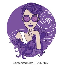 vector illustration with beautiful grunge glam lady violet glasses