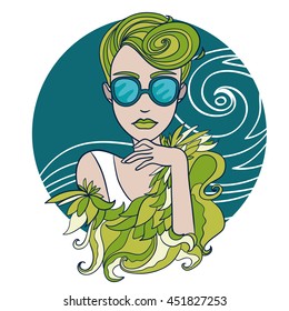vector illustration with beautiful grunge glam lady green bright blue