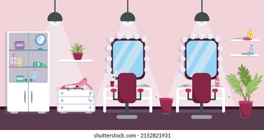 Vector illustration of a beautiful hair salon. Cartoon hairs salon with a place for a haircut, flowerpots, bedside table, shelf and cabinet with hairdresser's equipment.