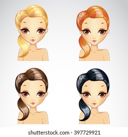 Vector illustration of beautiful hairstyle laid to one side set in four colors