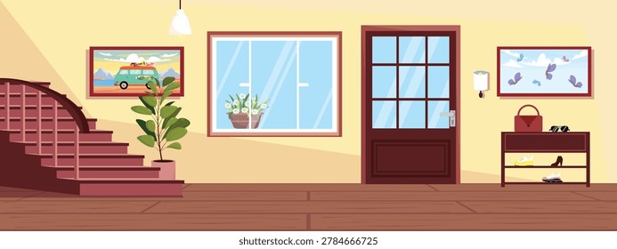 Vector illustration of a beautiful hallway interior. Cartoon scene of an entrance door, window, paintings on the wall, flower pots, houseplant, bedside table with shoes, glasses, bag, stairs, lamps.
