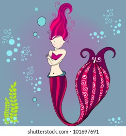 Vector illustration of a beautiful, hand drawn style, cute mermaid swimming in the ocean