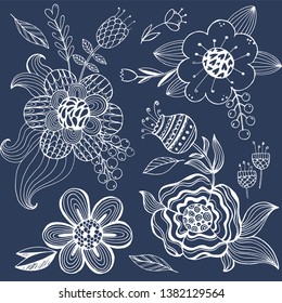 Vector illustration of beautiful hand drawn sketch doodle flowers, white floral motives isolated on dark, elements for design, big set, collection 