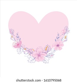 Vector illustration of beautiful hand drawn flowers and plants in heart. The best for Valentines's Day
