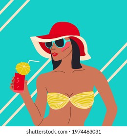 Vector illustration of a beautiful hand drawn girl. Woman posing in a colored swimsuit. Young woman is enjoying summer on the beach. Sunbathing. Colored vector illustration. Cartoon style. Flat design