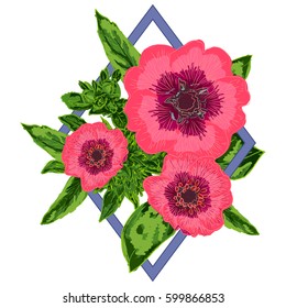 Vector illustration of beautiful hand drawn flowers in geometric figure rhombus
