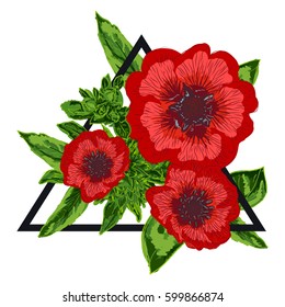 Vector illustration of beautiful hand drawn flowers in geometric figure triangle