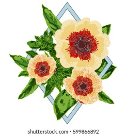 Vector illustration of beautiful hand drawn flowers in geometric figure rhombus