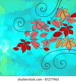 Vector illustration of beautiful, hand drawn colorful autumn leaves in the wind