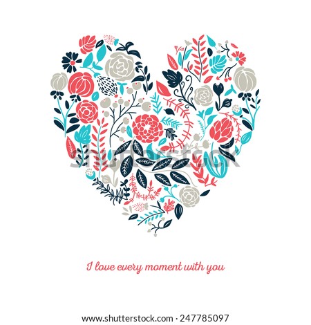 Vector illustration of beautiful hand drawn flowers and plants in heart. The best for Valentines's Day, Wedding and Birthday design.