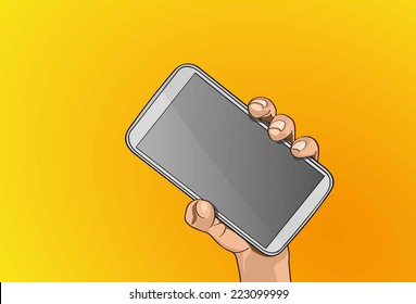 Vector illustration - Beautiful hands holding a smart phone in outline version. Created with adobe illustrator. smart phone, background, are Created separately.