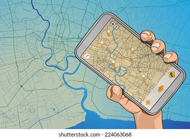 Vector illustration - Beautiful hands holding a smart phone in outline version. Created with adobe illustrator. smart phone, background, are Created separately. 