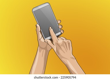 Vector illustration - Beautiful hands Touching on a smart phone in outline version. Created with adobe illustrator. smart phone, background, are Created separately.