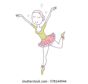 Vector illustration of beautiful happy dancing girl ballerina in tutu and pointe. Hand drawn flat line art style color girl for t-shirt print, sticker, web, site, greeting card, romantic poster