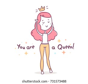 Vector illustration of beautiful happy girl in pants with pink hair and golden crown. Hand drawn flat line art style color girl with text for t-shirt print, web, site, card