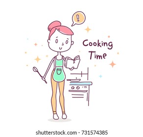 Vector illustration of beautiful happy girl in pants and apron with cookbook in the kitchen. Hand drawn flat line art style color girl with text for t-shirt print, web, site, card