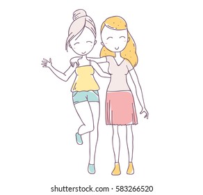 Vector illustration of beautiful happy hugging two girls in summer clothes on white background. Hand drawn flat line art style color girl for t-shirt print, web, site, greeting card, romantic poster