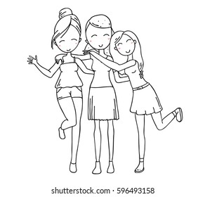 Vector illustration of beautiful happy hugging girls in summer clothes on white background. Hand drawn flat line art style girl without color for t-shirt print, coloring book, web, friends poster