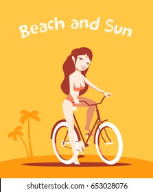 Vector illustration of beautiful happy smile girl in swimsuit on a bicycle on yellow beach background with palm trees. Flat style color design for t-shirt, web, site, greeting card, poster