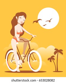Vector illustration of beautiful happy smile girl in swimsuit on a bicycle on yellow beach background with palm trees, cloud, sun and gulls. Flat style color design for t-shirt, web, site,poster