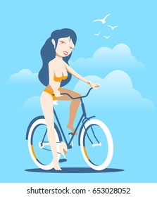 Vector illustration of beautiful happy smiling girl in swimsuit on a bicycle on blue sky background with cloud and birds. Flat style color design for t-shirt, web, site, greeting card, poster