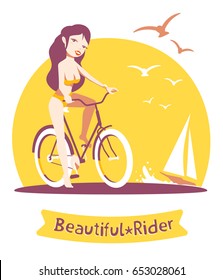 Vector illustration of beautiful happy smiling girl in swimsuit on a bicycle on yellow beach background with sea, sailing ship and gulls. Flat style color design for t-shirt, web, site, card, poster