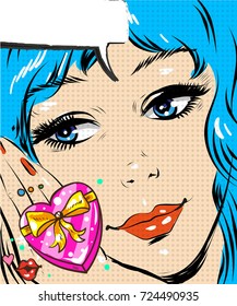 Vector illustration of beautiful happy and thinking woman looking at shining gift in retro pop art comic style.