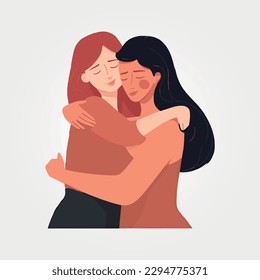 vector illustration, beautiful happy women hugging each other