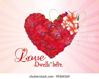 Vector illustration of a beautiful heart shape made with flowers on pink rays background. EPS 10.