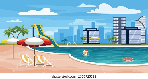 Vector illustration of a beautiful holiday landscape. Cartoon landscape with a modern house, a pool with water, an inflatable layer, a ball and a water slide, umbrellas from the sun, beach chairs.