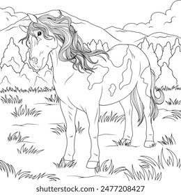 Vector illustration, a beautiful horse walks in the meadow, book coloring.