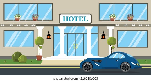 Vector illustration of a beautiful hotel. Cartoon urban buildings with parked expensive cars, decorated with flower pots.