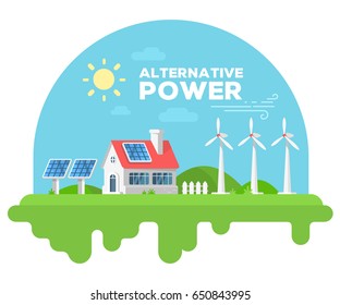 Vector illustration of beautiful house with chimney and fence on green grass. Alternative energy sources concept with windmill and solar panel on white background. Flat style design for web, banner