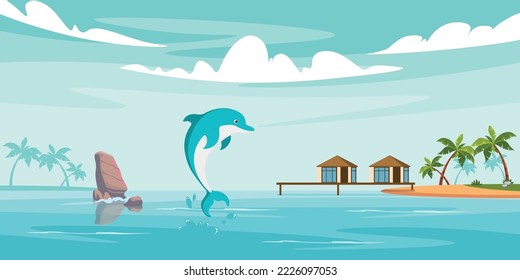 Vector illustration of beautiful houses on the island and on the sea. Cartoon sea landscape with Hawaiian houses, an island, palm trees, dolphin, stone in the middle of the ocean.