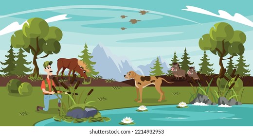Vector illustration of beautiful hunting in the forest. Cartoon forest landscape with a hunter near the lake with a dog for elk, wild boar, ducks on a mountain background.