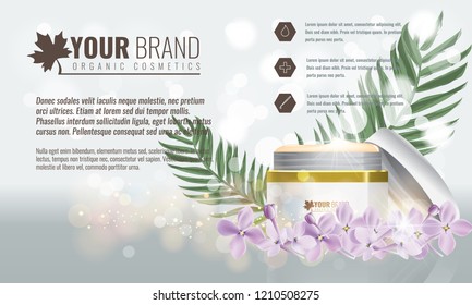 Vector illustration of Beautiful hydrating facial cream cosmetic ads on bubble background with flowers and palm leaf.