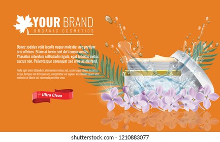 Vector illustration of Beautiful hydrating facial cream cosmetic ads on bubble background with flowers and palm leaf.