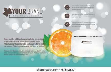 Vector illustration of Beautiful hydrating facial cream with citrus fruit, green leaf and water drops on it. Cosmetic ads on bubble background. Illustrated vector.