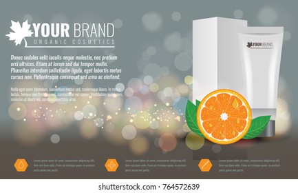 Vector illustration of Beautiful hydrating facial cream with citrus fruit, green leaf and water drops on it. Cosmetic ads on bubble background. Illustrated vector.