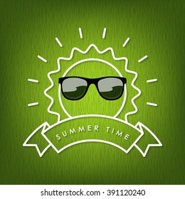 Vector illustration. Beautiful icon of the sun with sunglasses and ribbon of thick lines. Creative and modern symbol for advertising, poster, banner, web and flyer. Green color.