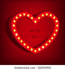 Vector illustration of beautiful illuminated heart banner with lighting bulbs on a dark red background. Useful illuminated abstract backdrop for a retro postcard, poster, banner or invitation design.